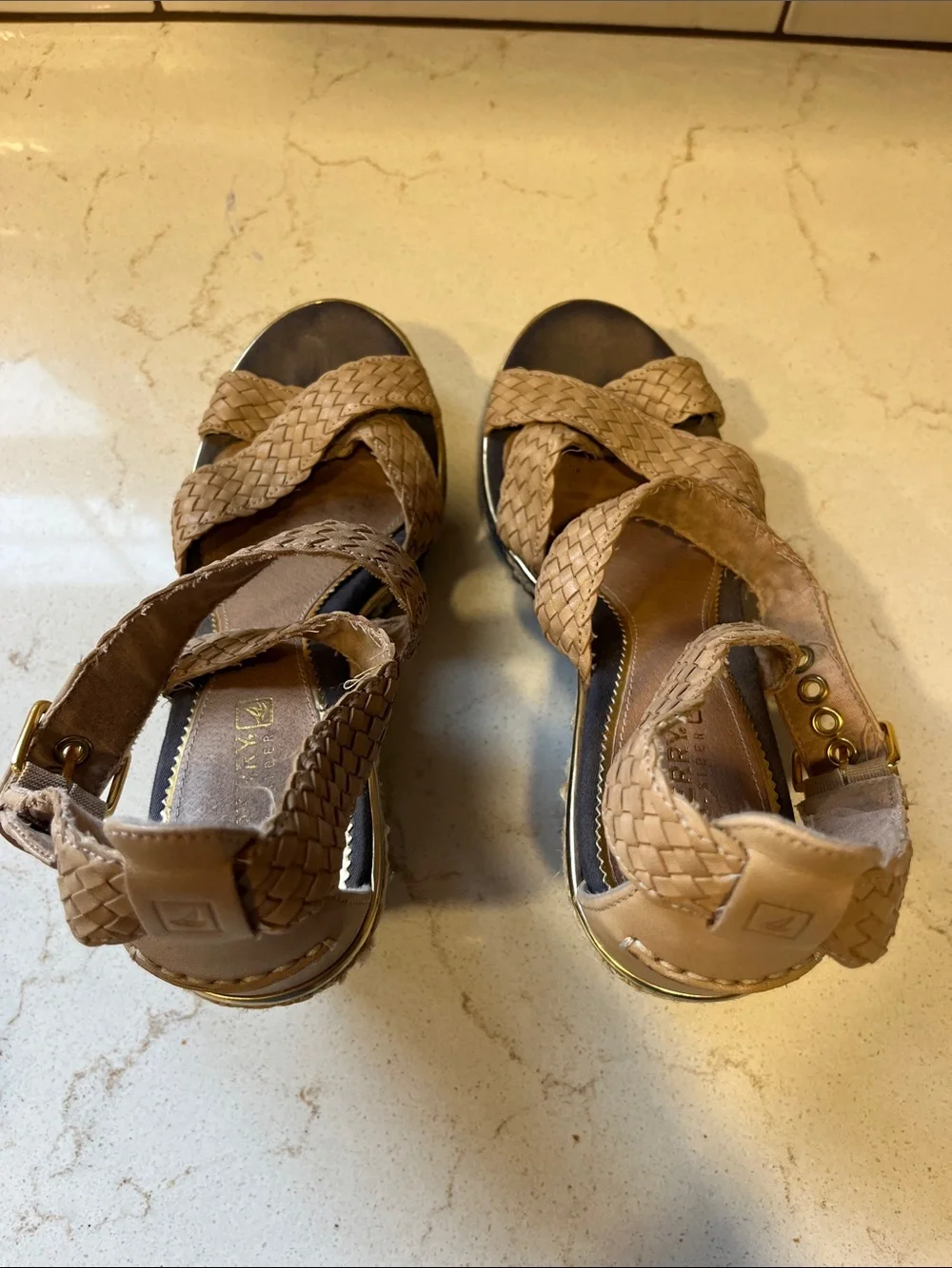 Sperry Braided Tan Wedge Sandals with Black Espadrille Platform and Gold Trim